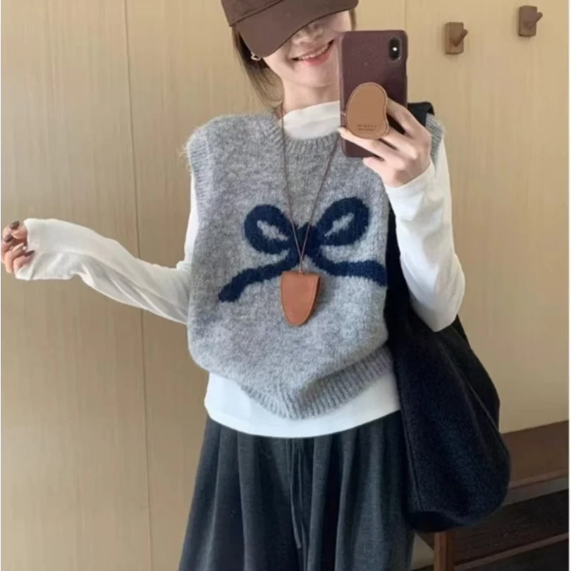 蝴蝶结刺绣针织马甲时尚休闲百搭宽松圆领套头春秋新款女上衣