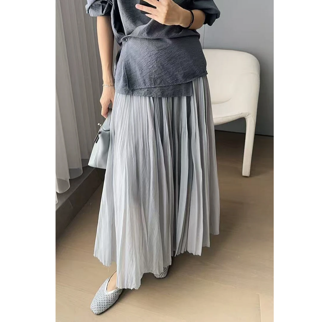美洋MEIYANG 枯叶半身裙 微皱肌理松紧腰宽松A字百褶中长裙-周一