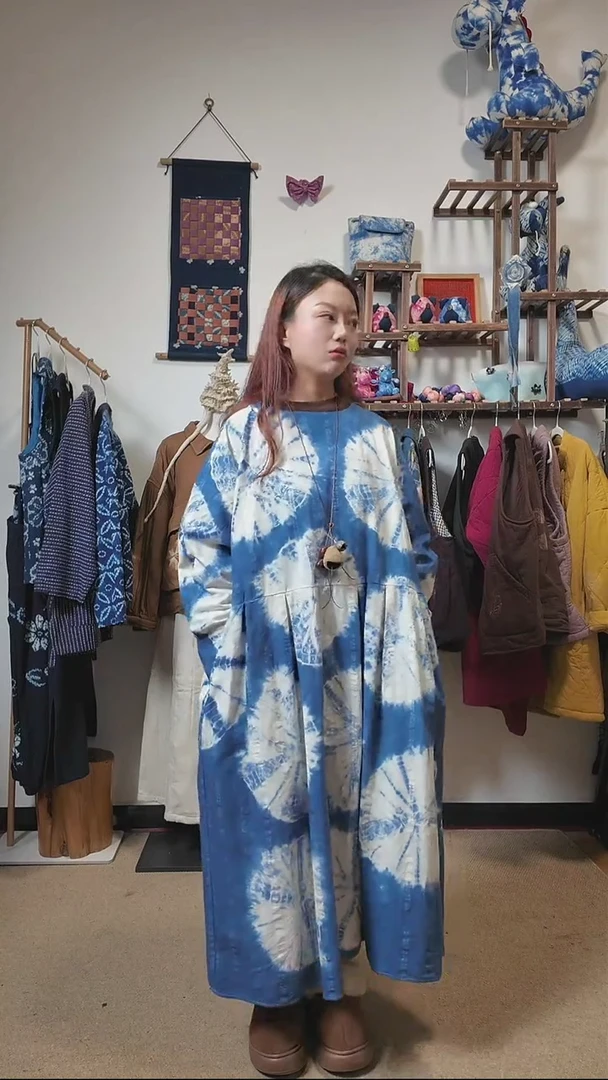 植物染色蓝染套染长袖裙袍