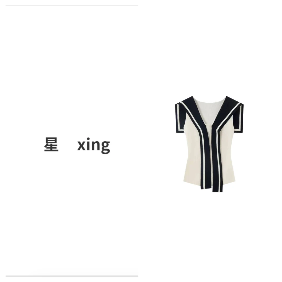 324 夏装新款海军领系带领显瘦百搭针织上衣55072