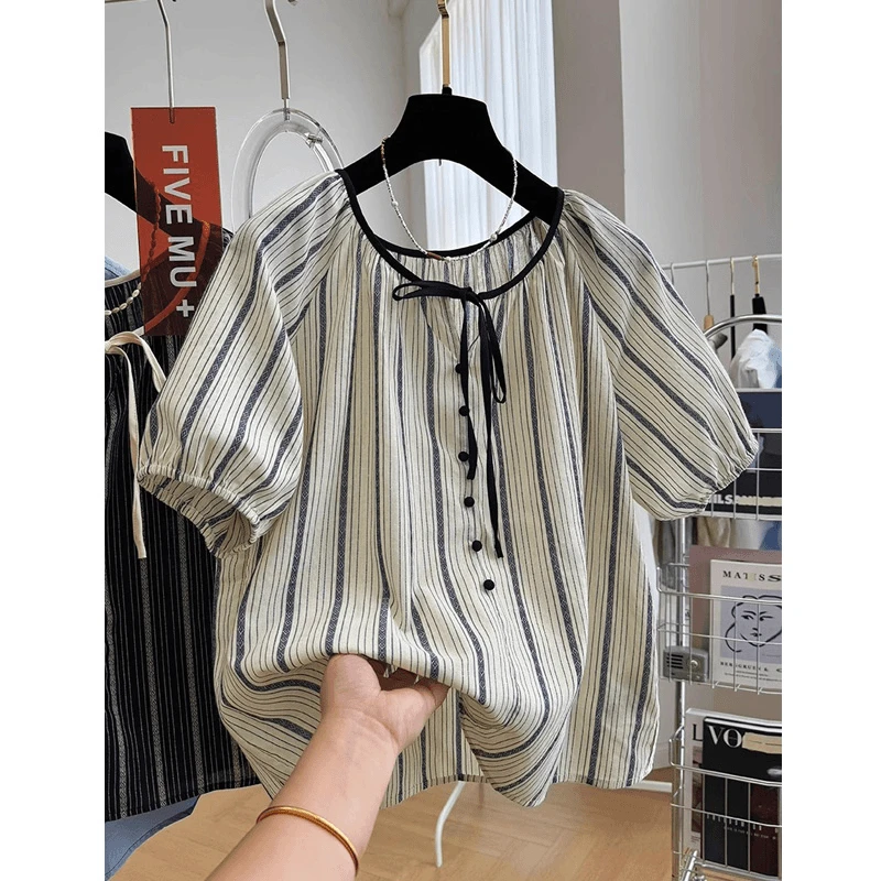 2025夏季新款大码胖妹妹小清新甜美森系减龄休闲条纹娃娃衫衬衫女