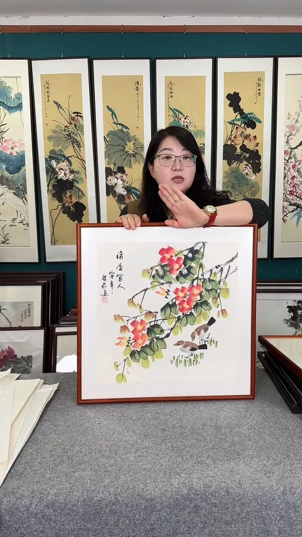 国画63*63凌霄花实木装裱