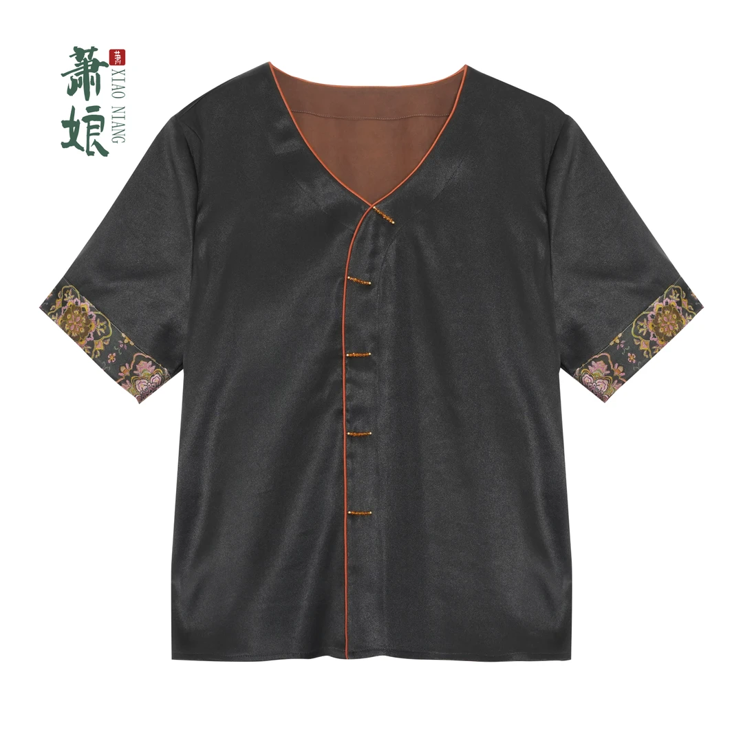 萧娘【流华】提花弹力缎桑蚕丝上衣新中式V领国风女上衣XN5048