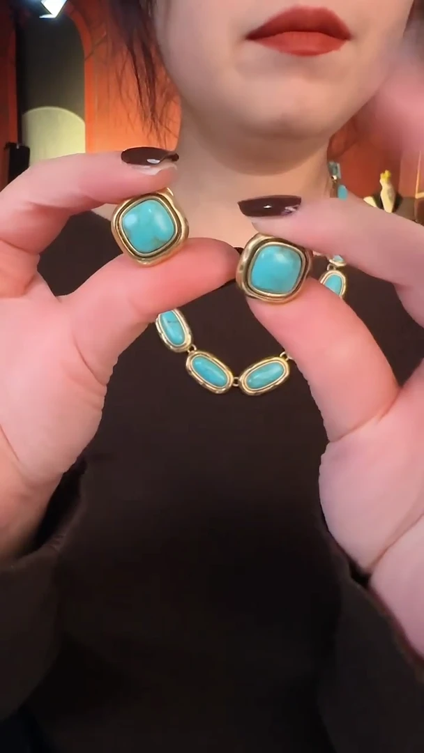 合金无合金复古百搭蓝色松松项链耳针套装