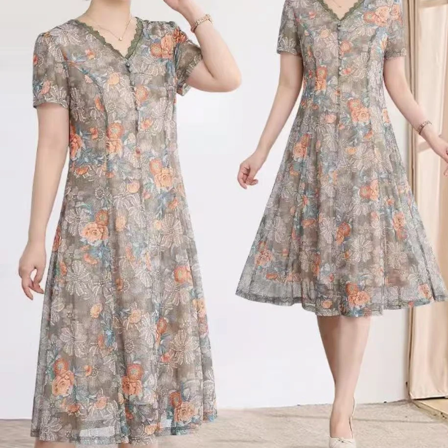 T1412 夏季A字裙显瘦系带印花连衣裙侧拉链百搭裙子时尚气质 A8