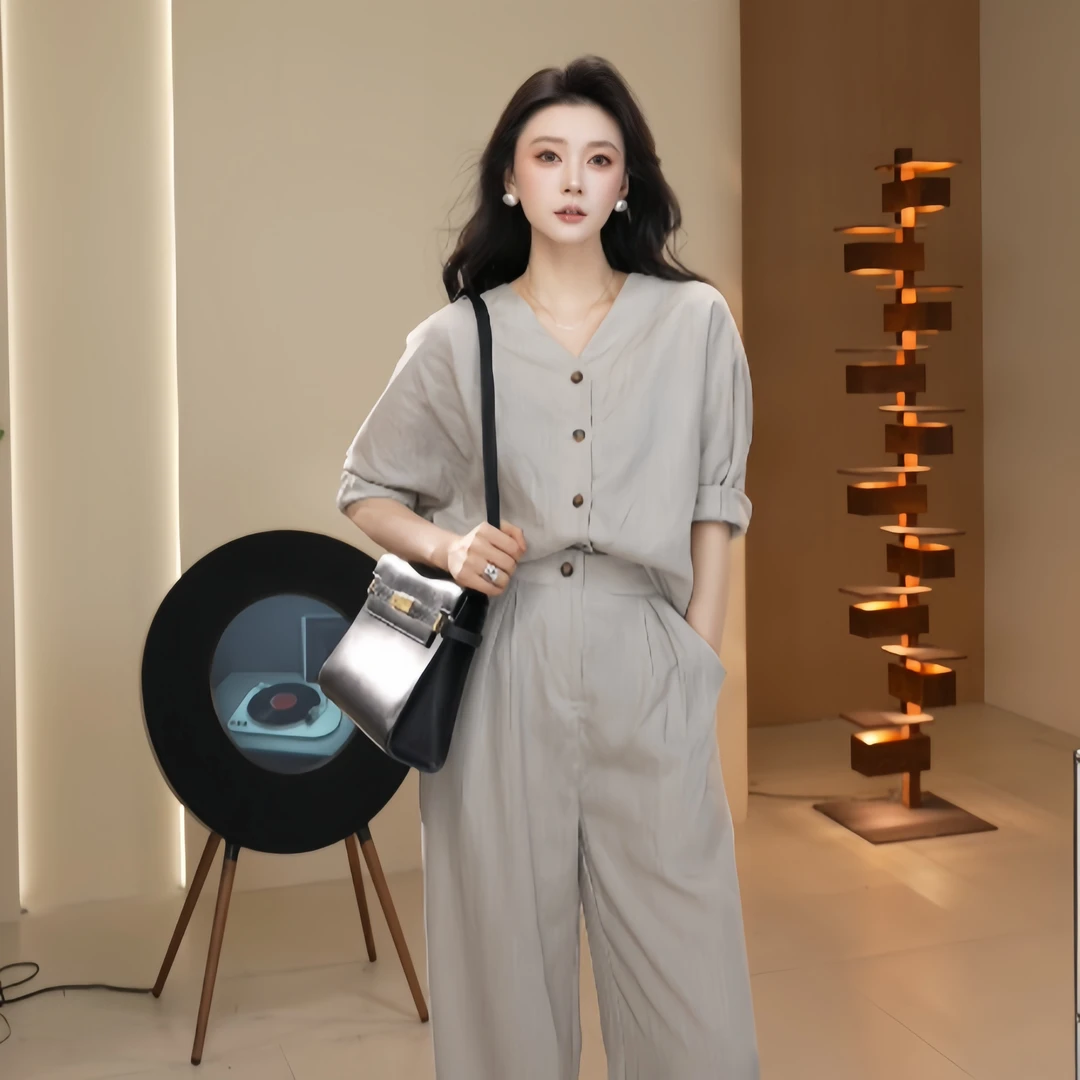 Basic House/百家好HS法式高级感V领宽松衬衣高腰系带裤子套装