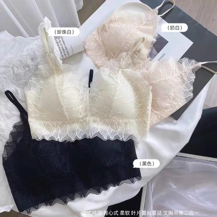薄款蕾丝美背吊带裹胸内衣文胸女聚拢防走光打底内搭抹胸背心吊带