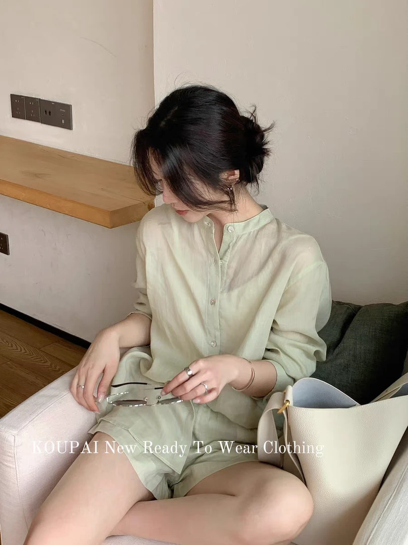 【淡雅】夏款新款度假天丝苎麻两件套衬衫短裤套装显瘦气质套装女1