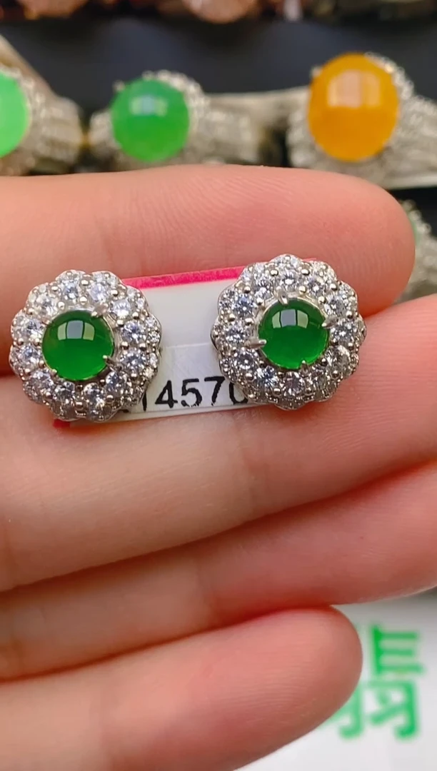 翡翠银S925镶嵌耳饰天然