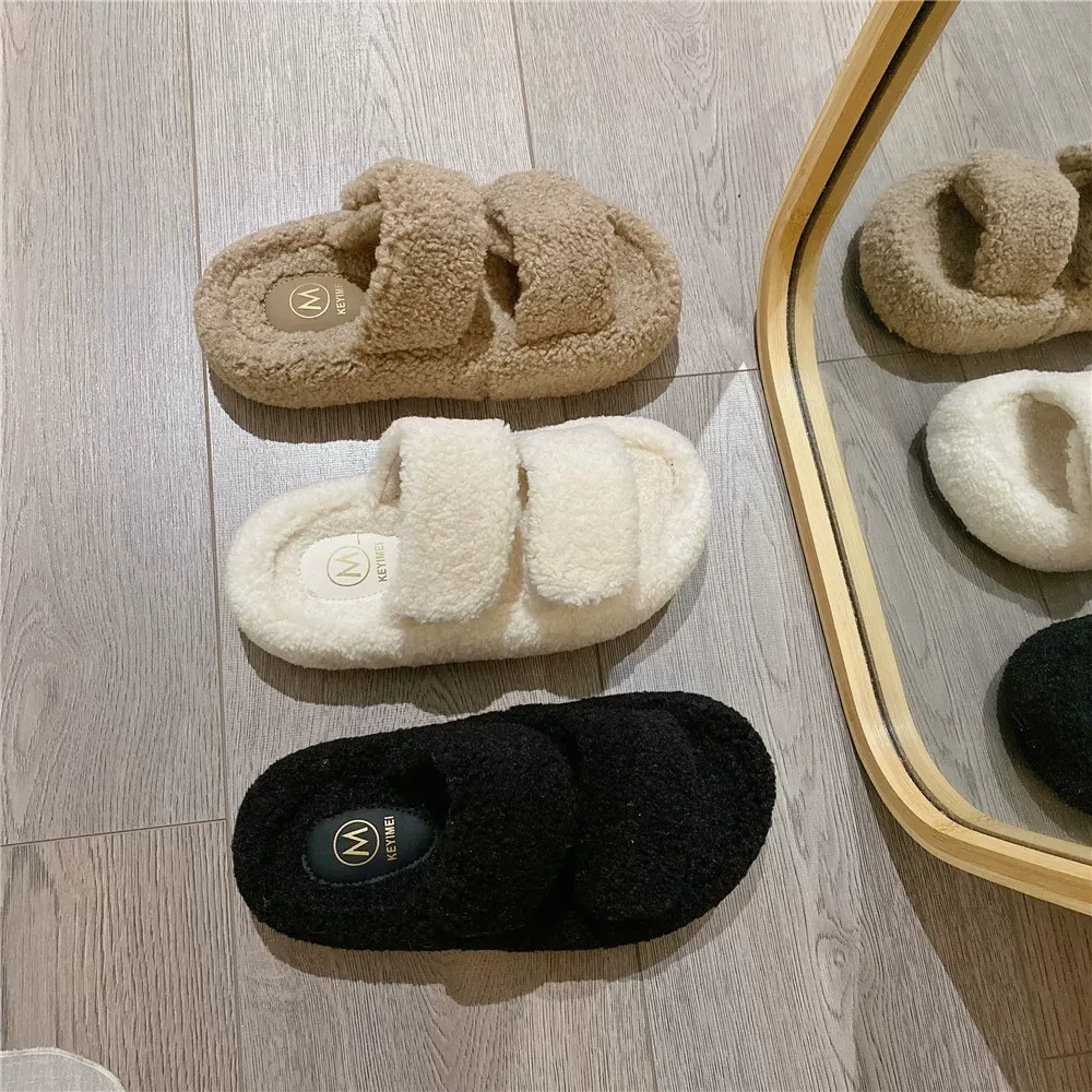 魔术贴拖鞋女外穿冬季新款韩版厚底一字毛毛拖鞋6060