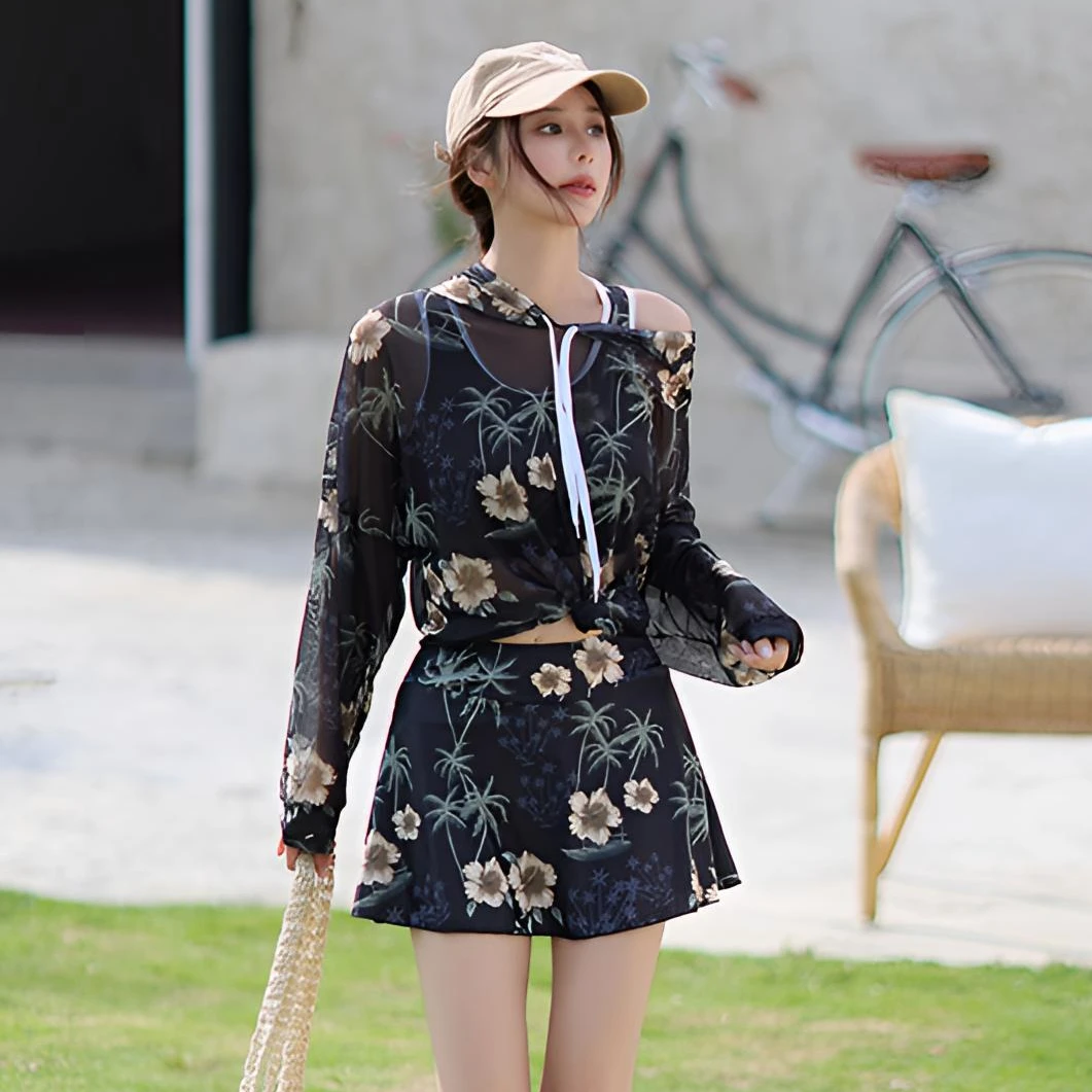 大码泳衣女时尚微胖mm显瘦遮肚分体三件套长袖罩衫度假温泉游泳衣