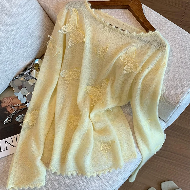 黄色立体蝴蝶刺绣毛衣女秋季2025新款慵懒风软糯气质温柔针织上衣