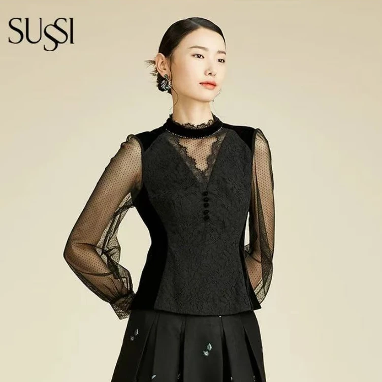 【丝绒小黑】SUSSI/古色秋季新品商场同款黑色蕾丝花边领长袖上衣
