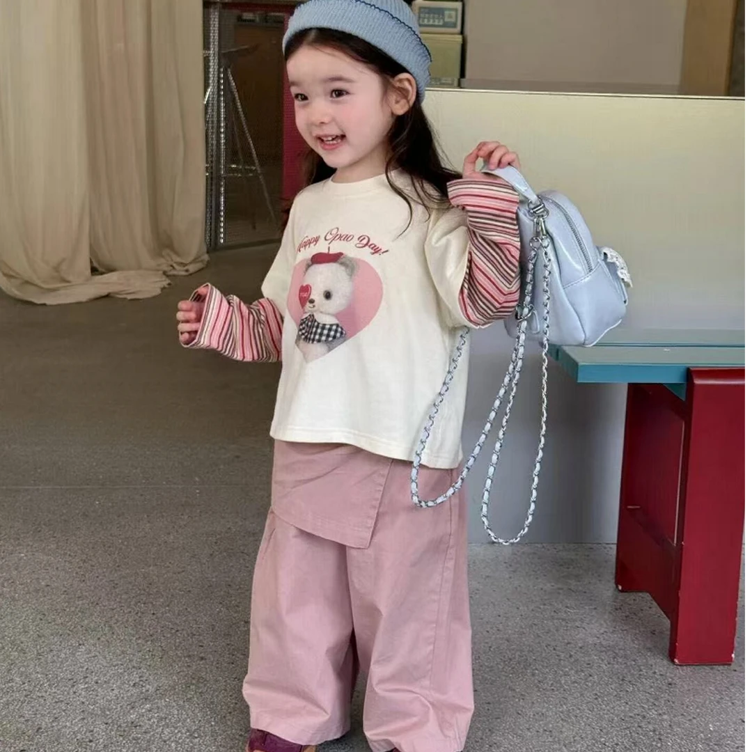 喜呦女童25秋~卡通印花条纹拼接袖打底衫+屁帘阔腿休闲裤 套装