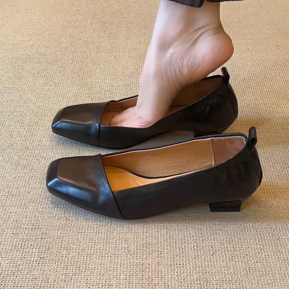 RubyL/3.5cm极简复古风舒适百搭一脚蹬擦色方头浅口粗跟单鞋女款