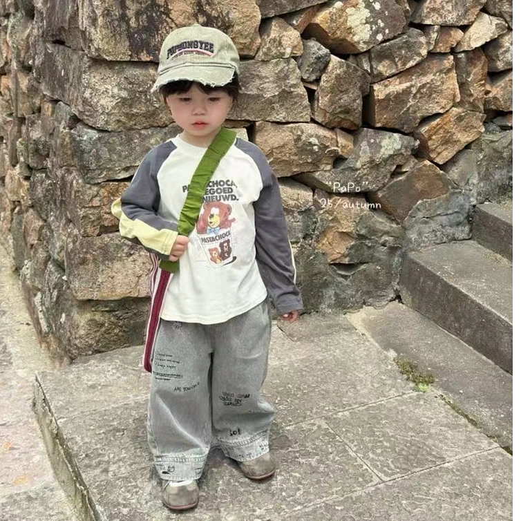 儿童撞色小熊插肩袖T恤长袖春秋款