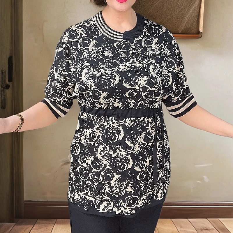 【包邮】女士装新款圆领短袖时尚印花上衣#2523#休闲