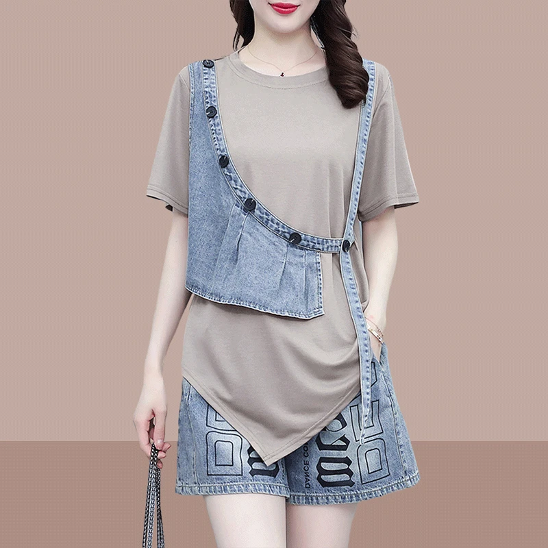 牛仔短裤休闲时尚套装2025夏季新款洋气微胖女装宽松显瘦两件套