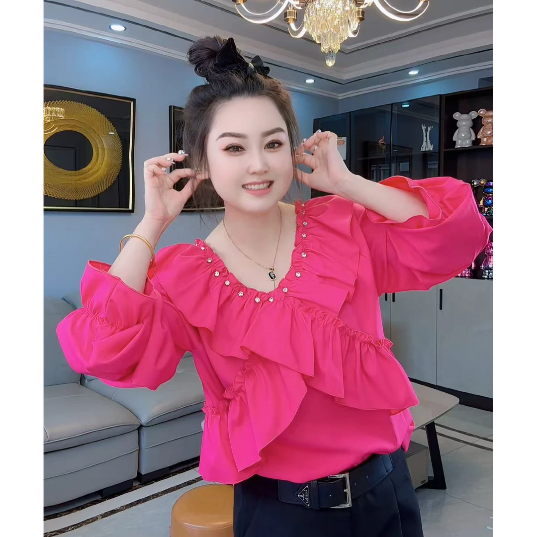 大码女装2025春季新款v领长袖衬衫法使气质显瘦设计感上衣