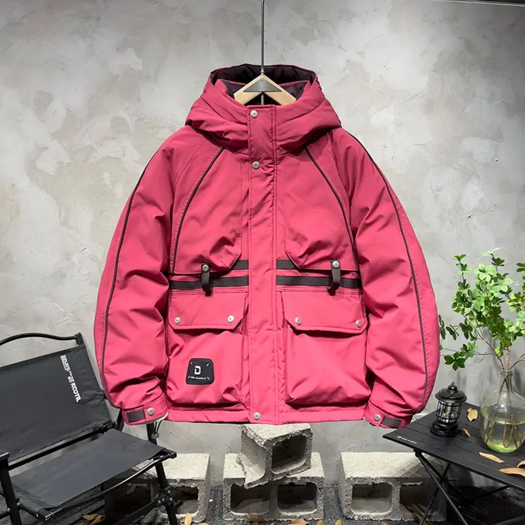 【辉哥】2F710-冬季短款时尚百搭情侣连帽拼条加厚宽松羽绒服