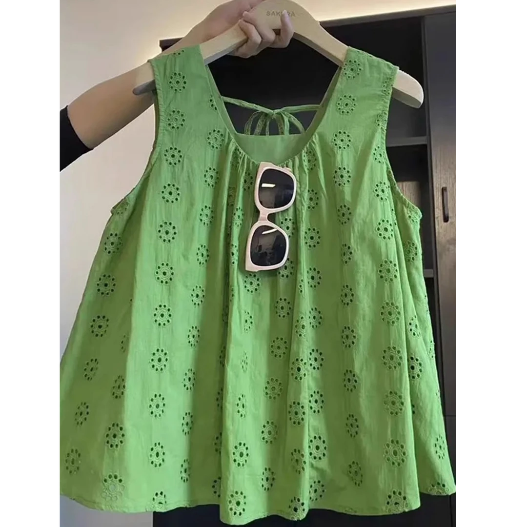 韩系甜美提花缕空花纹绿色吊带背心女夏季新款设计感气质无袖上衣