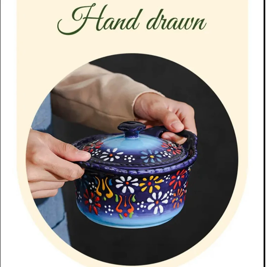 阿勒玛新疆包邮【蓝贵】家用手绘釉下彩欧式6.5寸双耳带盖炖盅