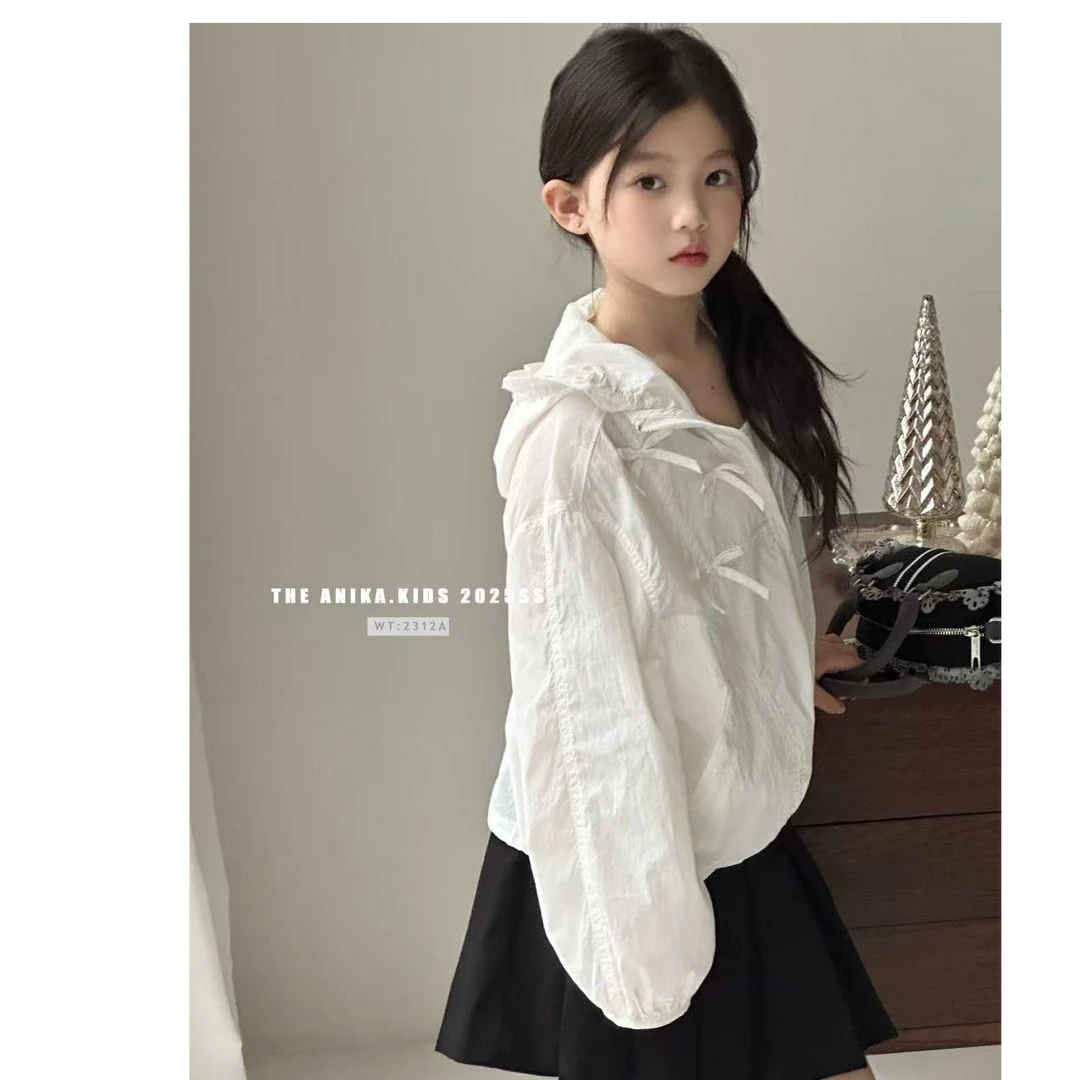 阿尼卡韩国春夏款女童连帽拉链防晒服外套轻薄简约百搭白色甜美