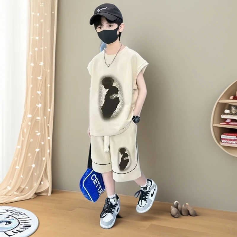 套装青少年中大儿童夏季男童时尚字母印花短袖短裤套装百搭休闲