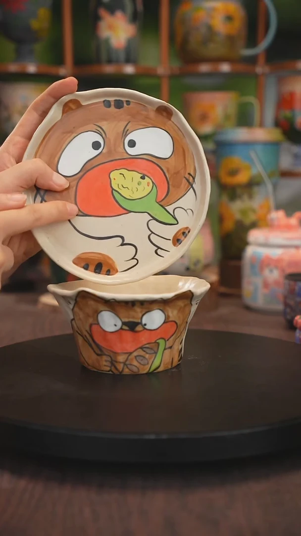 紫砂油画釉下彩手绘一碗一碟