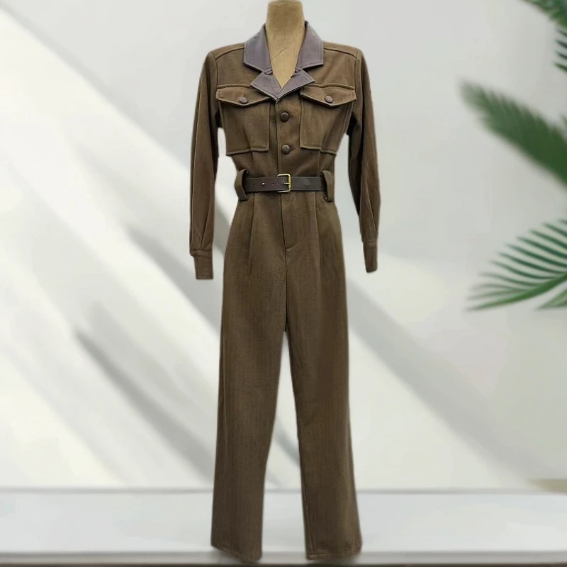 H7036秋季新款法式简约气质高级感配腰带拼接皮西装领连体裤女