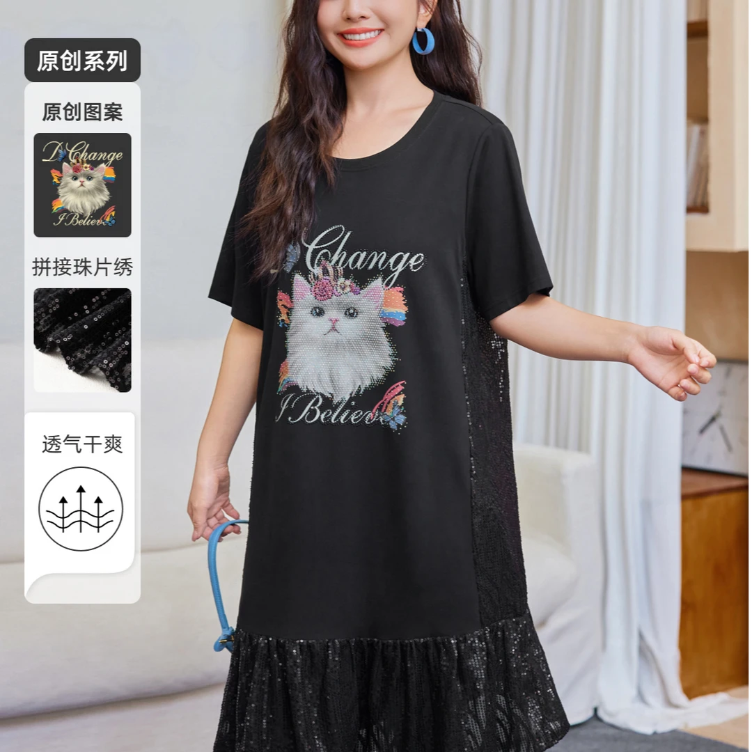 【喵系暗语】MsShe大码女装夏显瘦烫钻印花亮片连衣裙J~E2506043