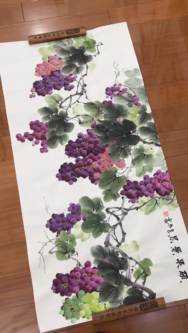 国画【直播福利，纯手工手绘】李雪梅葡萄横幅138*68
