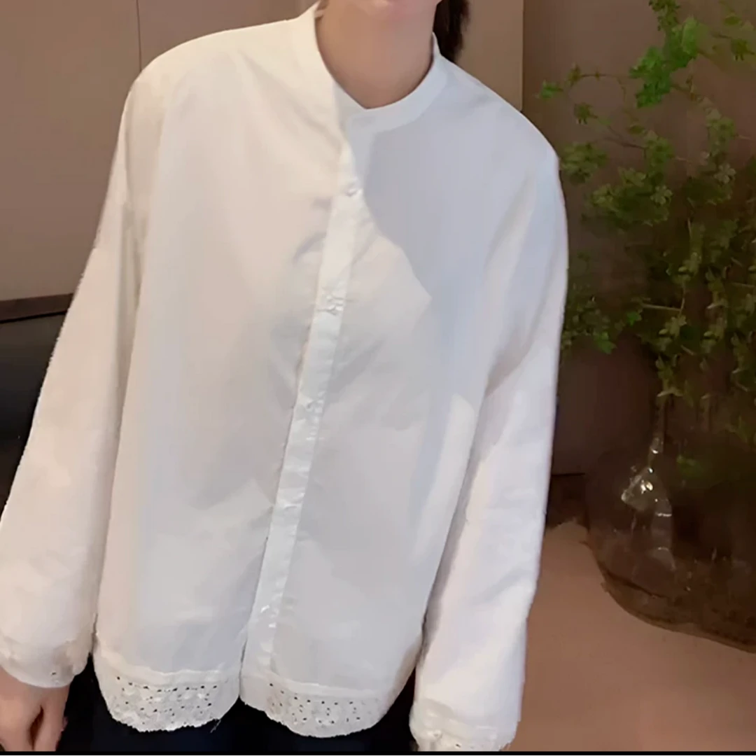 设计感立领镂空白色衬衫女2025春季新款经典百搭减龄文艺调白衬衣