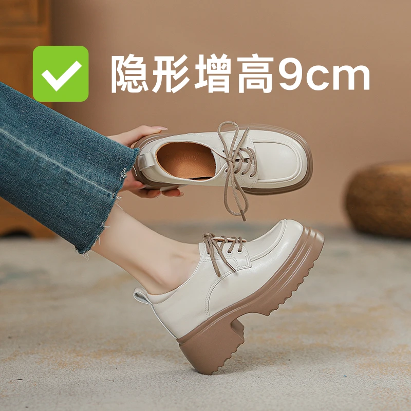 内增高英伦风系带白色小皮鞋女2025年新款松糕厚底乐福鞋粗跟单鞋
