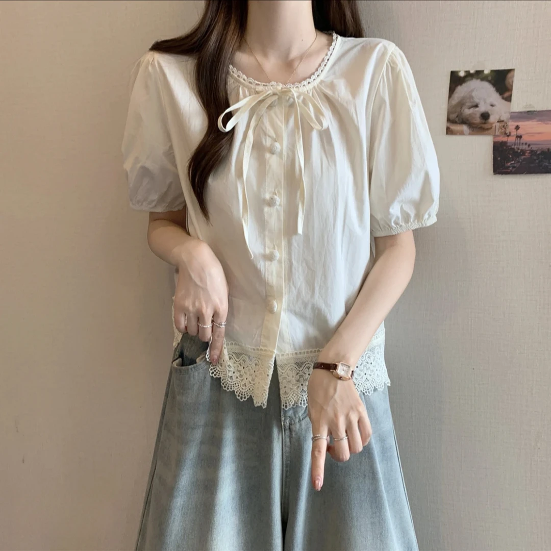 25A17韩系圆领系带小清新蕾丝拼接2025春夏新款泡泡短袖T恤衬衫女