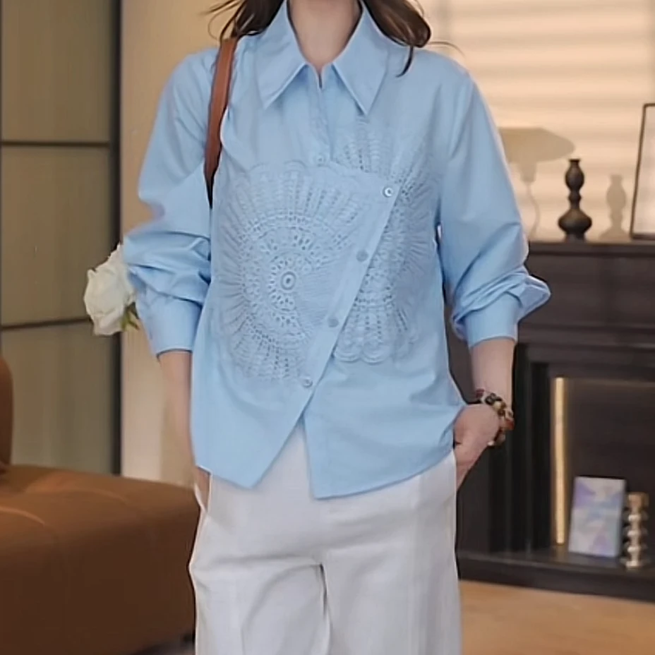 不规则设计感翻领长袖衬衫女春季2025新款时尚百搭气质白色衬衣