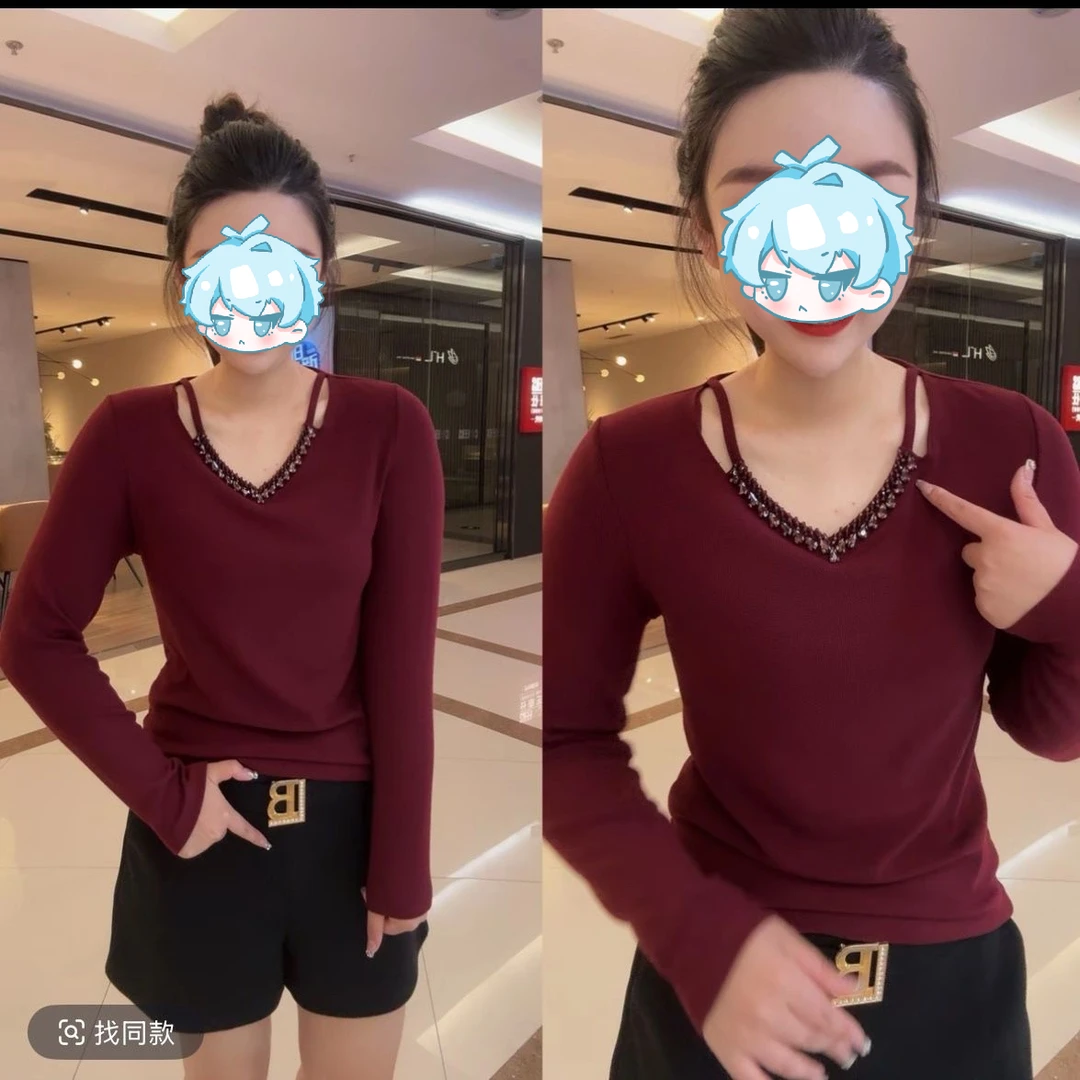 2025新款串珠爆款时尚长袖T恤修身气质新款洋气百搭加绒加厚款