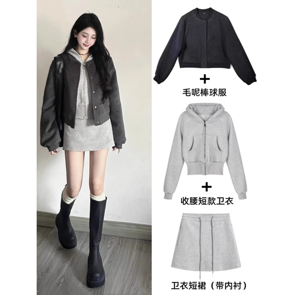 毛呢棒球服+收腰短款卫衣+短裙三件套休闲运动套装女ootd秋冬季