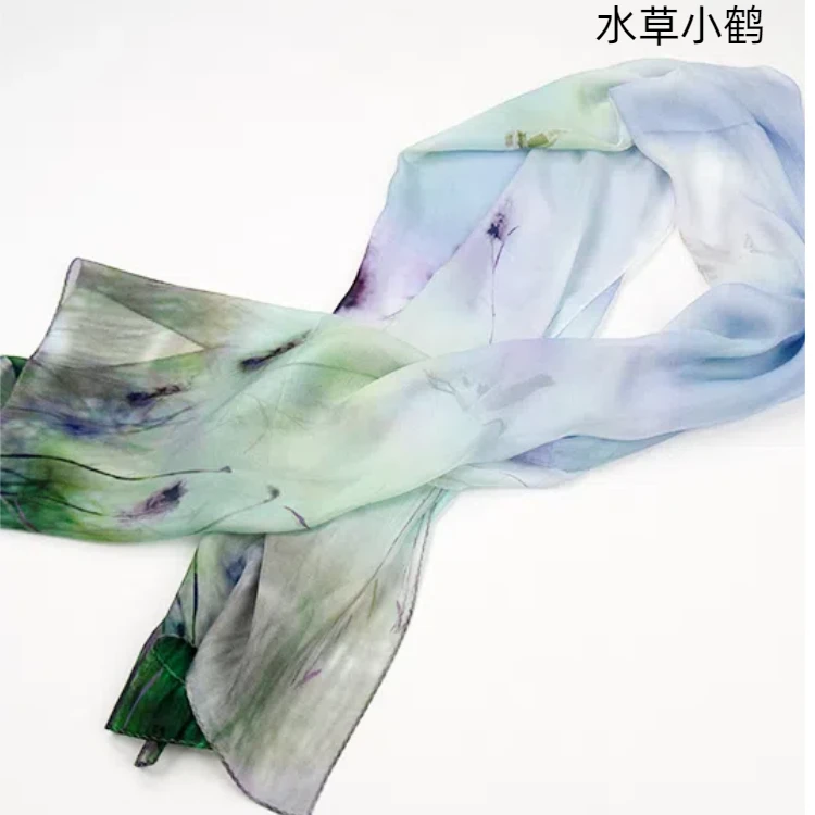 蜜画 水草小鹤 180x70 桑蚕丝女士飘逸长巾