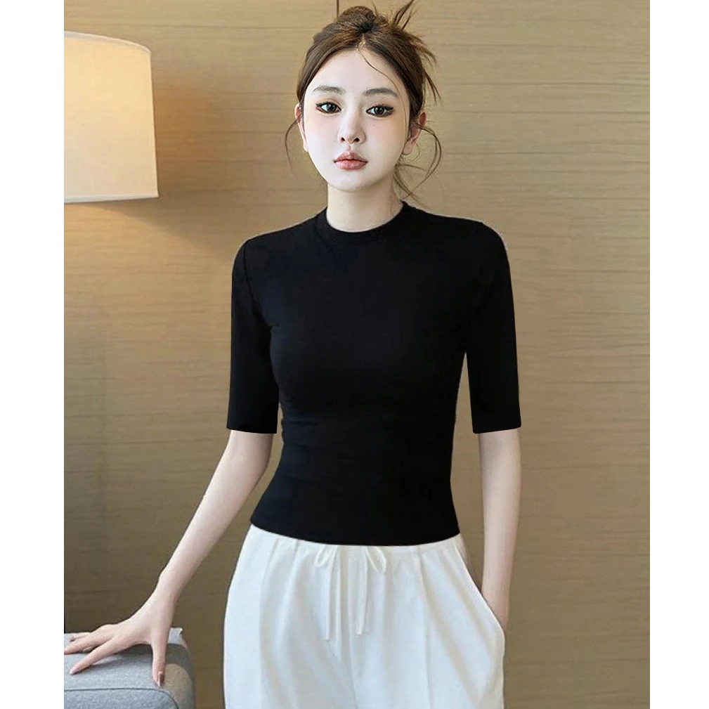 黑色中袖打底衫女2025新款修身t恤内搭高级感五分袖小半高领上衣