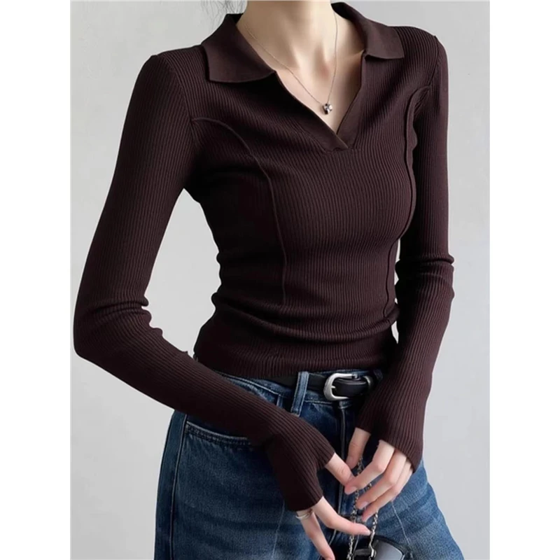 法式咖色polo衫翻领针织打底衫女秋冬毛衣内搭高级感气质长袖上衣