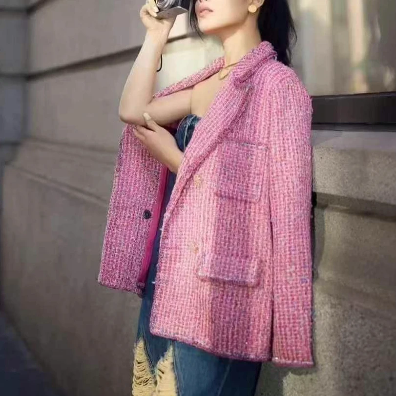 99新 Chanel/香奈儿 36码沙滩系列粉色粗花呢长袖翻领外套