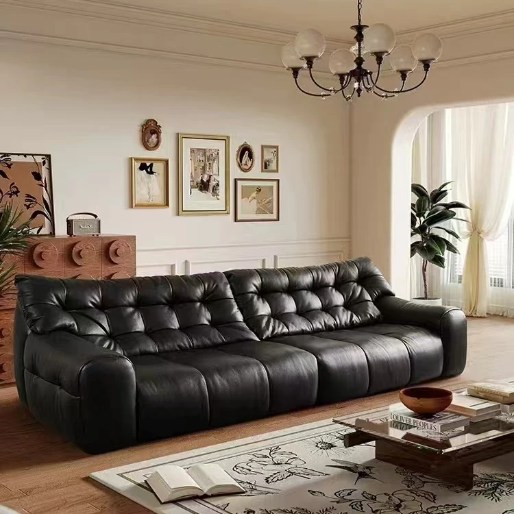 法式中古风大黑熊真皮沙发复古风直排高靠背软包黑色头层牛皮沙发