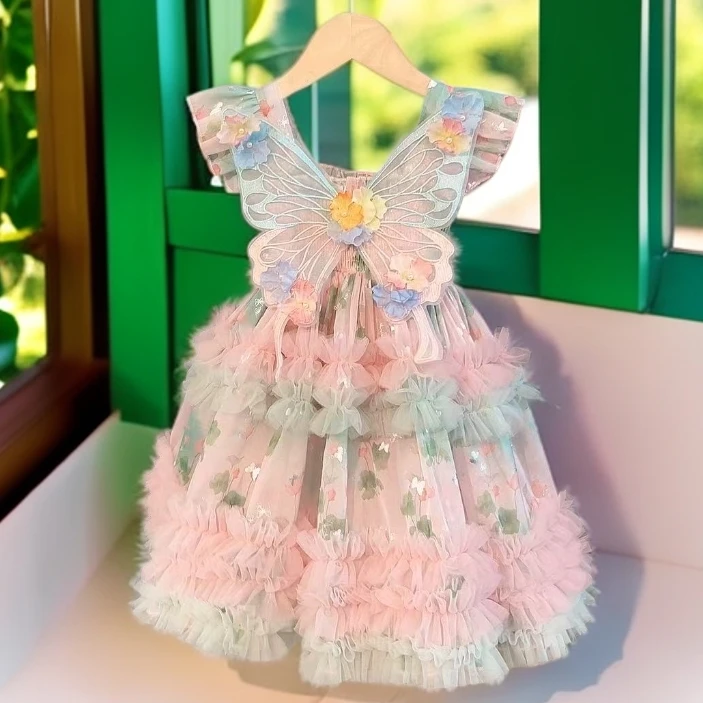 【J4036】2025新款碎花五层突突甜美公主裙女童夏款网红儿童公主裙