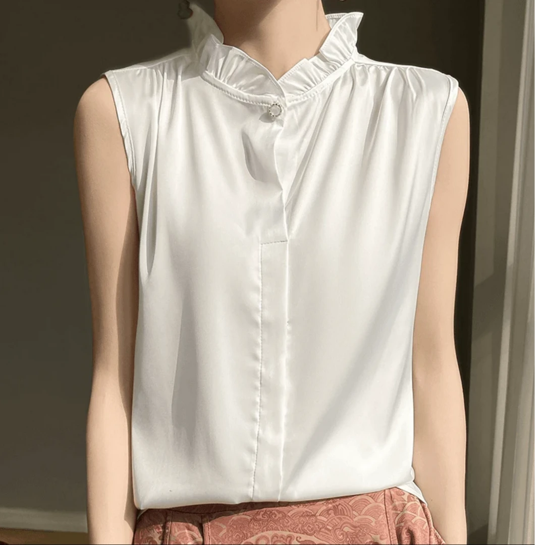 【春夏新品】缎面背心内搭外穿打底显瘦洋气时尚花苞领无袖T恤缎面