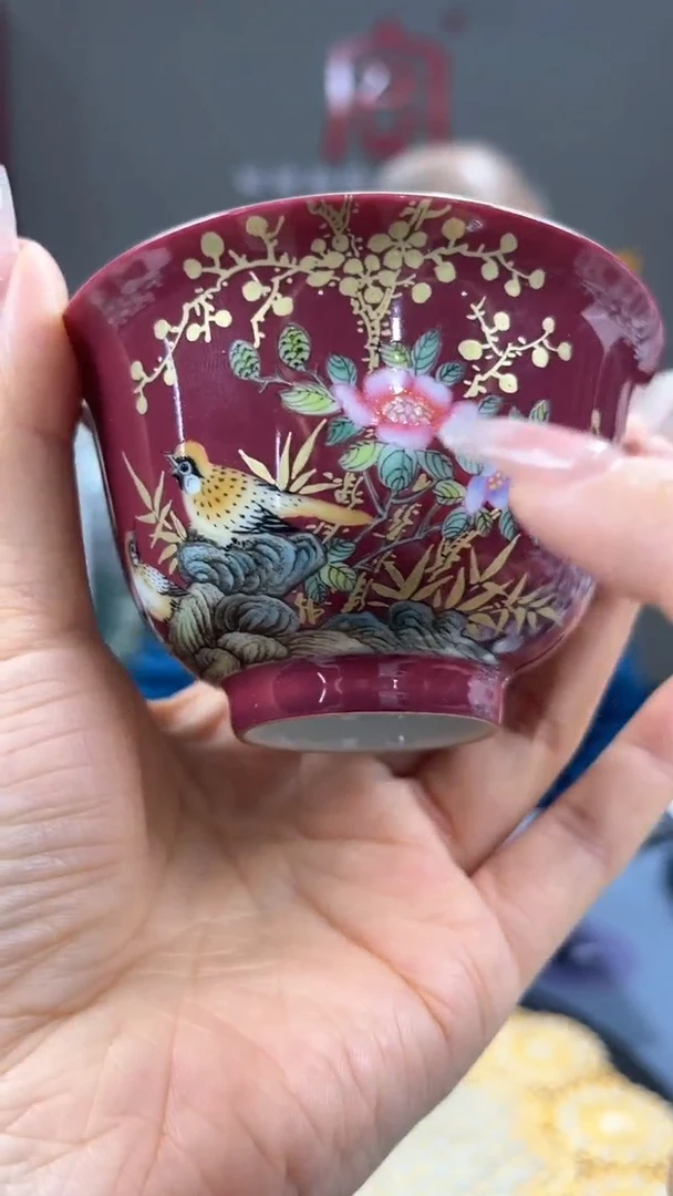 【闪购商品】官窑瓷画院358官窑瓷画院胭脂红花鸟盖碗