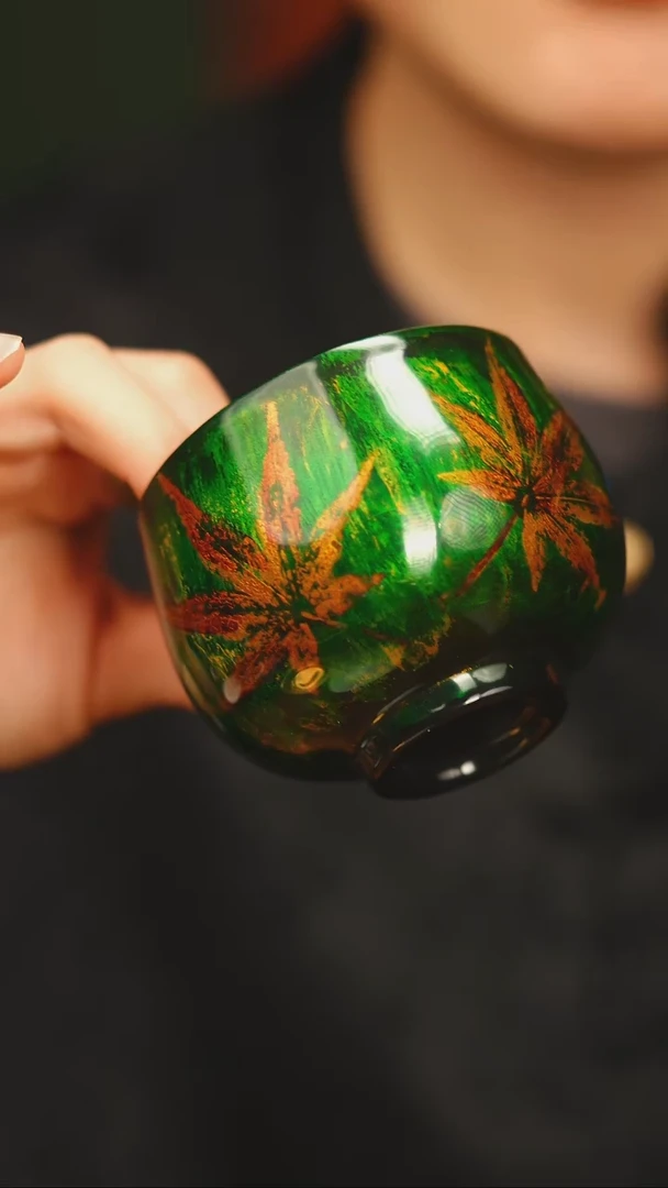 @手绘枫叶绿金主人杯@非遗大漆