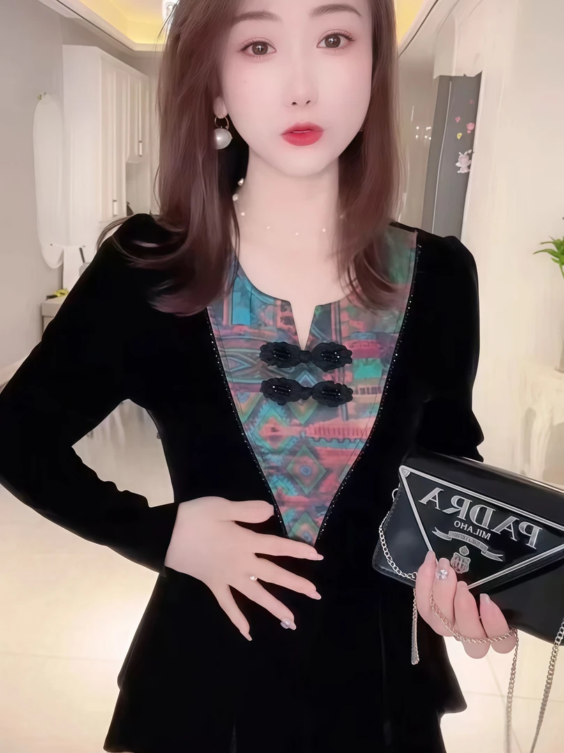 欧货气质丝绒衬衫女25秋冬洋气设计感简约显瘦复古盘扣新中式上衣