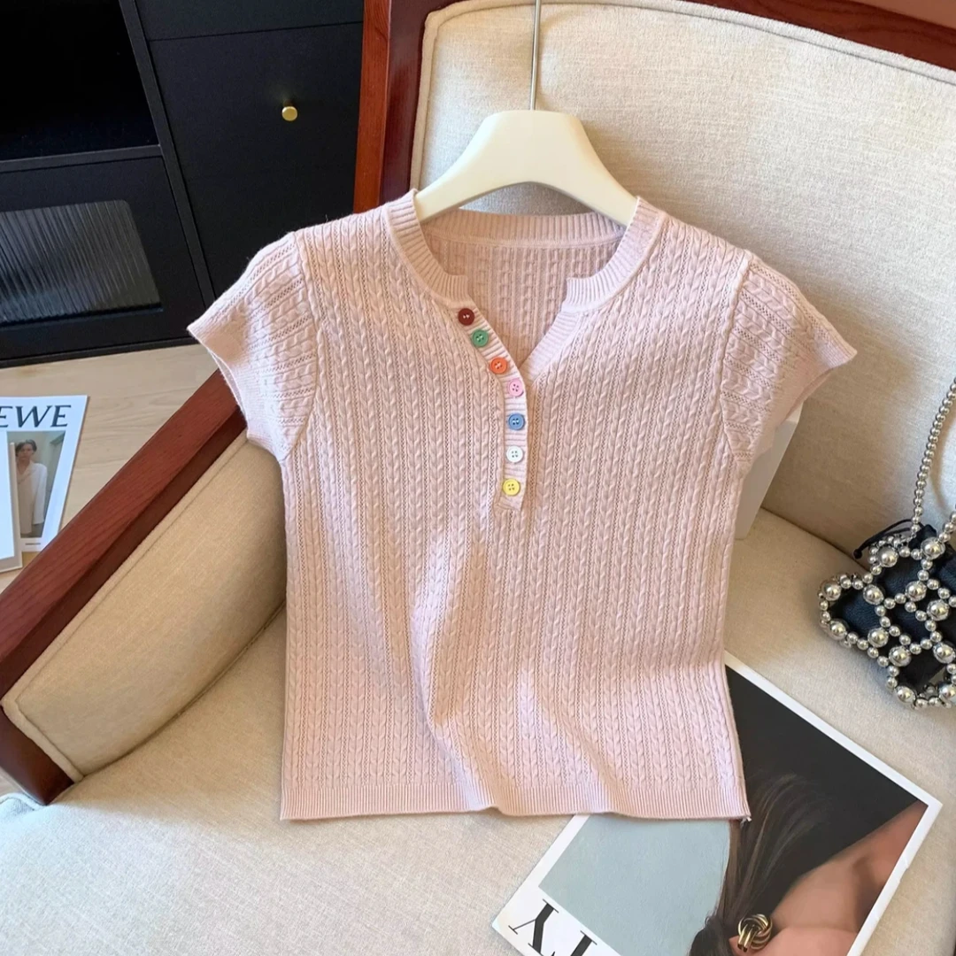 洋气多巴胺彩色纽扣圆领短袖针织衫夏季新款法式气质显瘦套头上衣