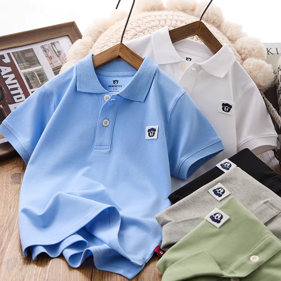 男童Polo翻领短袖T恤夏季两粒扣小熊刺绣标纯色儿童装休闲潮3658